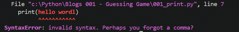 Sample image showing an example error message. In this case there is an error on line 7 and the prompt is asking if commas were forgotten.