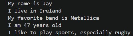 Image of output from the Terminal showing the results of code.